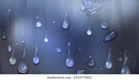 Rain water drop on glass or smooth plastic surface. Realistic 3d vector grey and blue gradient background with waterdrops and steam texture. Window with transparent clear liquid bubbles and droplets.