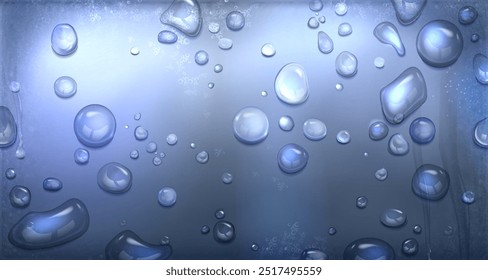 Gota de agua de lluvia en la superficie de vidrio. Fondo realista del Vector 3d de la ventana con la textura de la gotita y del vapor. Fondo de gradiente gris y azul con burbujas líquidas transparentes y gotas de agua.