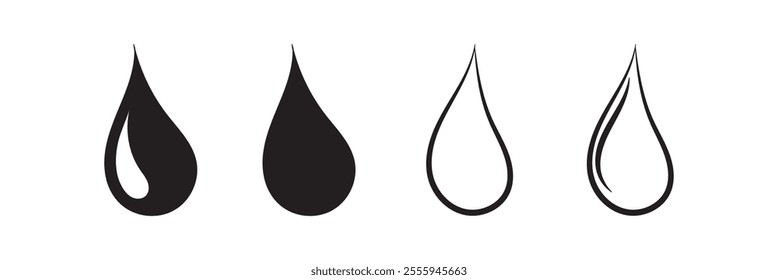 rain water drop vector icon set. raindrop in black and blue filled and solid style. droplet icon collection. clean mineral aqua drop sign. tear sign.