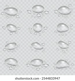 Gotas de agua de lluvia cayendo sobre fondo transparente. Superficie húmeda y clara con burbujas en la superficie. Agua clara realista, gotas de agua para el diseño creativo del Anuncio