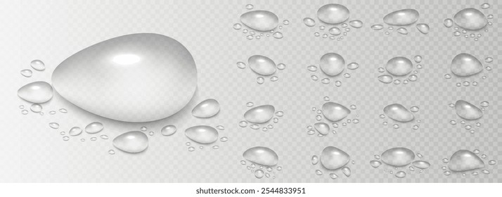 Rain water drops falling on transparent background. Wet, clear surface with bubbles on the surface. Realistic clear water, water drops for creative banner design