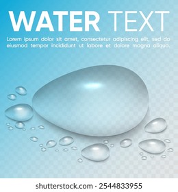 Rain water drops falling on transparent background. Wet, clear surface with bubbles on the surface. Realistic clear water, water drops for creative banner design