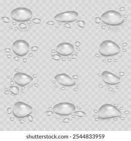 Rain water drops falling on transparent background. Wet, clear surface with bubbles on the surface. Realistic clear water, water drops for creative banner design