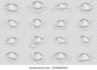 Rain water drops falling on transparent background. Wet, clear surface with bubbles on the surface. Realistic clear water, water drops for creative banner design