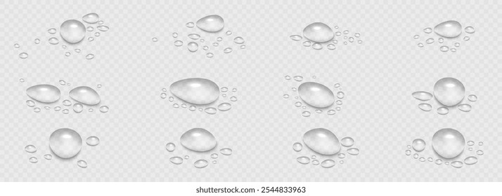 Rain water drops falling on transparent background. Wet, clear surface with bubbles on the surface. Realistic clear water, water drops for creative banner design