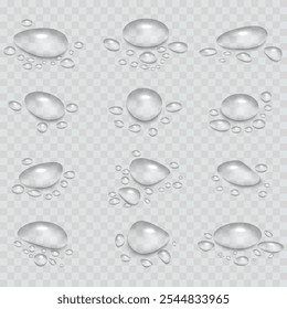Rain water drops falling on transparent background. Wet, clear surface with bubbles on the surface. Realistic clear water, water drops for creative banner design