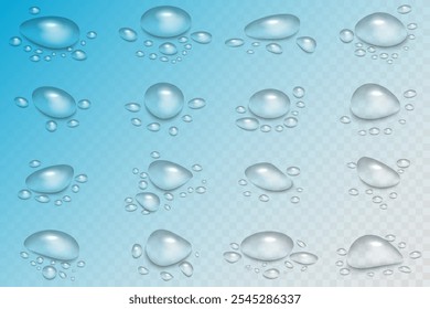 Gotas de agua de lluvia cayendo sobre fondo transparente. Superficie húmeda y clara con burbujas en la superficie. Agua clara realista, gotas de agua para el diseño creativo del Anuncio