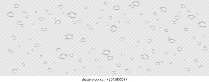 Gotas de agua de lluvia cayendo sobre fondo transparente. Superficie húmeda y clara con burbujas en la superficie. Agua clara realista, gotas de agua para el diseño creativo del Anuncio