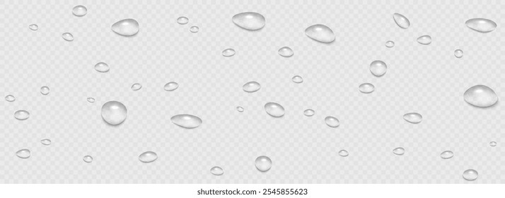 Rain water drops falling on transparent background. Wet, clear surface with bubbles on the surface. Realistic clear water, water drops for creative banner design
