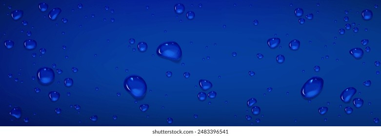 Rain water drops on blue glass surface. Realistic 3d vector illustration of smooth top with transparent droplet. Wet background with spray liquid bubbles. Scattered and spritz splash raindrops.