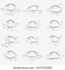 Rain Water Drops on Glass: Realistic 3D Vector Illustration of Smooth Surface with Transparent Liquid Bubbles. Wet Background with Scattered Raindrop Splash and Spray Effects