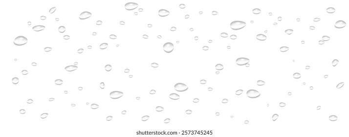 Rain Water Drops on Glass: Realistic 3D Vector Illustration of Smooth Surface with Transparent Liquid Bubbles. Wet Background with Scattered Raindrop Splash and Spray Effects