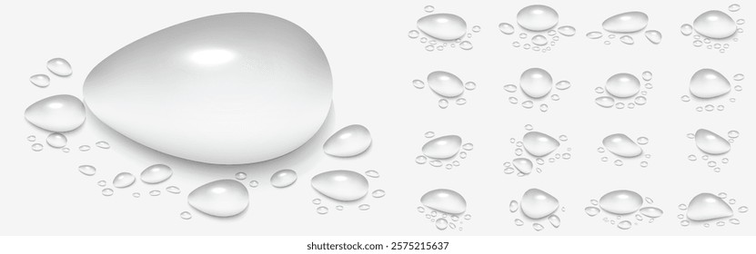 Rain Water Drops on Glass: Realistic 3D Vector Illustration of Smooth Surface with Transparent Liquid Bubbles. Wet Background with Scattered Raindrop Splash and Spray Effects