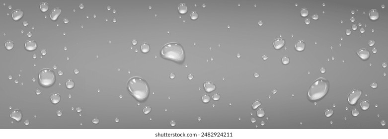 Rain water drops on grey glass surface. Realistic 3d vector illustration of smooth top with transparent droplet. Wet background with spray liquid bubbles. Scattered and spritz splash raindrops.