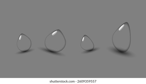 Rain water drops on grey glass surface. Realistic 3d vector illustration of smooth surface with transparent drop. Wet background with spraying liquid bubbles. Scattered and sprayed raindrops.PNG