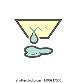 Rain water leak, drip at ceiling vector icon. Cause of roof old, crack, broken, damage. Interior home house building to wet, moisture. Problem of mold, stain and mildew. Need fix, repair, maintenance.