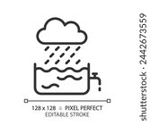 Rain water linear icon. Water collection and conservation. Sustainable living. Harvesting rainwater. Thin line illustration. Contour symbol. Vector outline drawing. Editable stroke. Pixel perfect