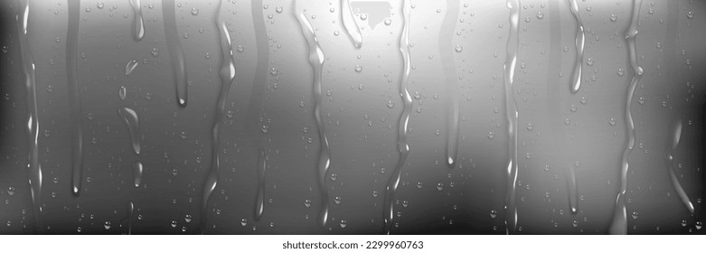 Rain water on window glass. Wet glass texture with drops and flows of pure aqua from shower or condensation. Abstract background with raindrops or dew, vector realistic illustration