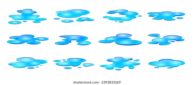 Rain water puddles, ephemeral, mirror-like pools on the ground, formed from rain or spilled liquids. Isolated cartoon vector set of wet blue blobs reflect surroundings and offer splashy fun moments