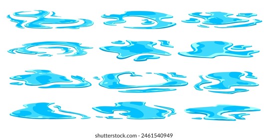 Rain water puddles. Isolated cartoon vector set of blue water splashes with uneven fluid wavy edges and drops. Paint spot, blot, rainwater puddle stains or blobs. Liquid watery wet shapes or leaks