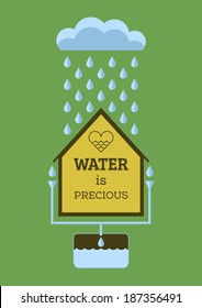 Rain water saving. "Water is precious". Flat vector poster.