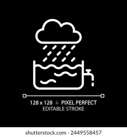 Rain water white linear icon for dark theme. Water collection. Sustainable living. Harvesting rainwater. Thin line illustration. Isolated symbol for night mode. Editable stroke. Pixel perfect