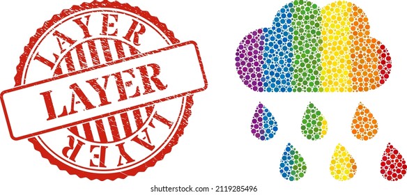Rain weather collage icon of round items in different sizes and rainbow color tones. Red rounded scratched stamp with Layer caption. A dotted LGBT- colored rain weather for lesbians, gays,