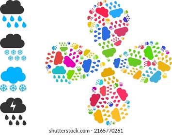 Rain weather icon colored explosion flower with 4 petals shape. Element flower with four petals created from scattered rain weather icons. Vector flower icon collage in flat style.