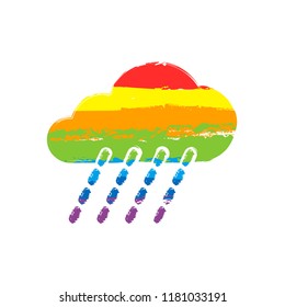 rain, weather icon. Drawing sign with LGBT style, seven colors of rainbow (red, orange, yellow, green, blue, indigo, violet