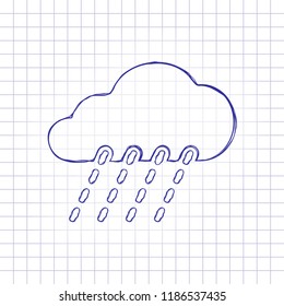 rain, weather icon. Hand drawn picture on paper sheet. Blue ink, outline sketch style. Doodle on checkered background