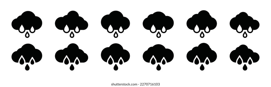 Rain weather icon set. Heavy rain weather icons collection. Rainfall icon symbol. Raindrops and clouds symbol in flat style for apps and websites, vector illustration