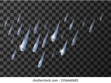 Rain weather meteo icon vector illustration. Realistic falling water droplets, element for weather forecast, wet rainy day pictogram, isolated on transparent background
