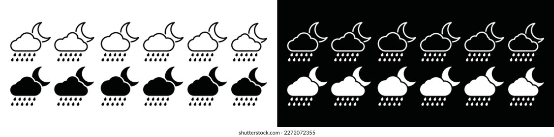 Rain weather at night icon set. Rain weather in the evening icons. Moon, cloud, and rain icon symbol in line and flat style for apps and websites, vector illustration