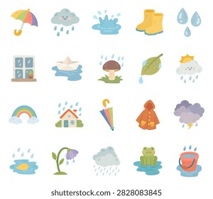 Rain weather set featuring umbrella cloud puddle boots raindrops window mushroom leaf rainbow house parasol raincoat thunderstorm frog bucket