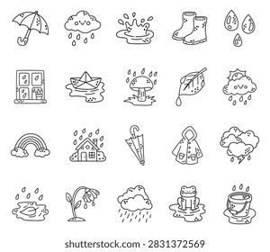 Rain weather set featuring umbrella cloud puddle boots raindrops window mushroom leaf rainbow house parasol raincoat thunderstorm frog bucket