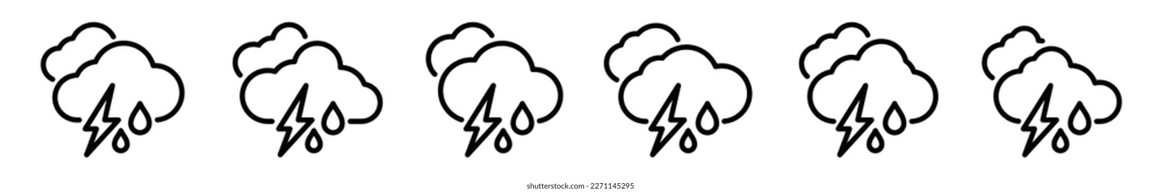 El clima lluvioso con un conjunto de iconos truenos. Colección de iconos meteorológicos de tormenta. Lluvia, nube y rayo con símbolo de icono de línea y estilo plano para aplicaciones y sitios web, ilustración vectorial