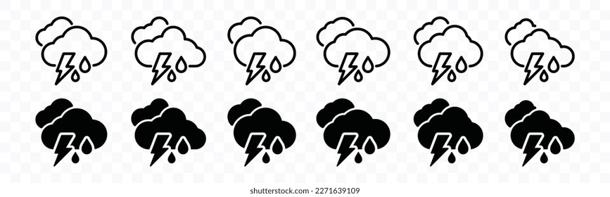 Rain weather with thunder icon set. Thunderstorm weather icons collection. Rain, cloud, and lightning with line and flat style icon symbol for apps and websites, vector illustration