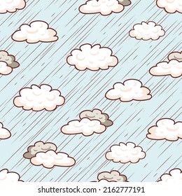 Rain and White Cartoon Clouds in Blue Sky Vector Seamless Pattern