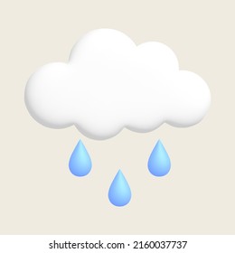 Rain, white cloud, raindrops. Cute weather realistic icon. 3d cartoon vector illustration.