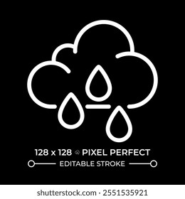 Rain white linear icon for dark theme. Cloud and raindrops. Rainy weather and precipitation. Weather forecast. Meteorology. Thin line illustration. Isolated symbol for night mode. Editable stroke