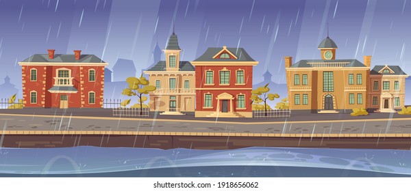 Rain and wind in old town with retro european buildings and lake promenade. Vector cartoon rainy cityscape with vintage architecture, stone road, empty river quay and gloomy sky