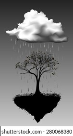 Rain in  wonderland,  cloud above the tree on flying rock, black and white, shadows