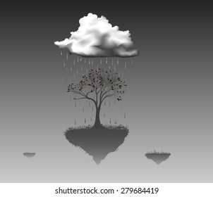 Rain in  wonderland,  storm above the tree on flying rock, black and white, shadows