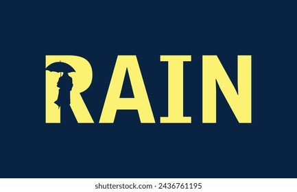 Rain word illustration logo design with silhouette of person using umbrella.