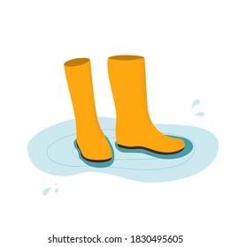 Rainboots in a puddle vector flat illustration. Yellow rubber footwear standing in pool. Autumn season design element for web, advertising, print, banner, poster.