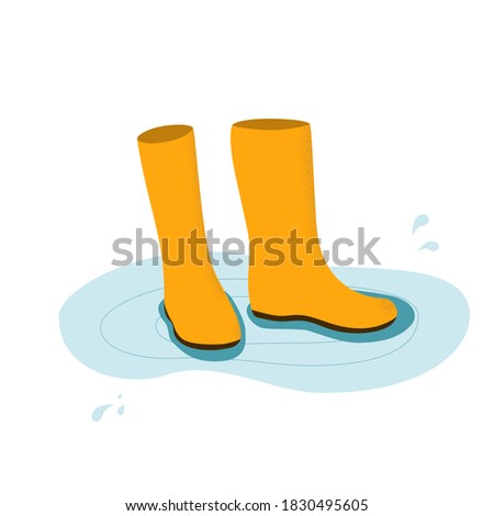 Rainboots in a puddle vector flat illustration. Yellow rubber footwear standing in pool. Autumn season design element for web, advertising, print, banner, poster.