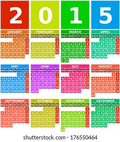 Rainbow 2015 calendar with months from january to december in flat design using simple square icons with colorful background, elements are grouped for easy edit.