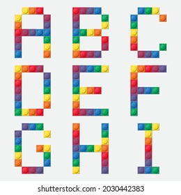 Rainbow 3d Alphabet from colorful brick block toy, Building bricks font for kid poster, Letter design, baby banner, logo, party decoration, print for LGBT. vector illustration