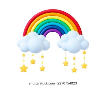 Rainbow 3d with clouds and star pendants. Nursery realistic element, baby stroller mobile toy. Realistic plasticine design, weather, white bubble cloud, vector concept