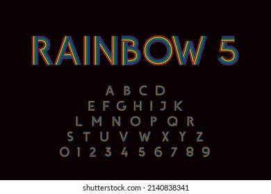 Rainbow 5 Hand Crafted Sans Serif Style Font Lettering - Five Colors Stripes Retro Pop Style Grotesque Caps and Numerals on Black Background - Vector Typography Graphic Design